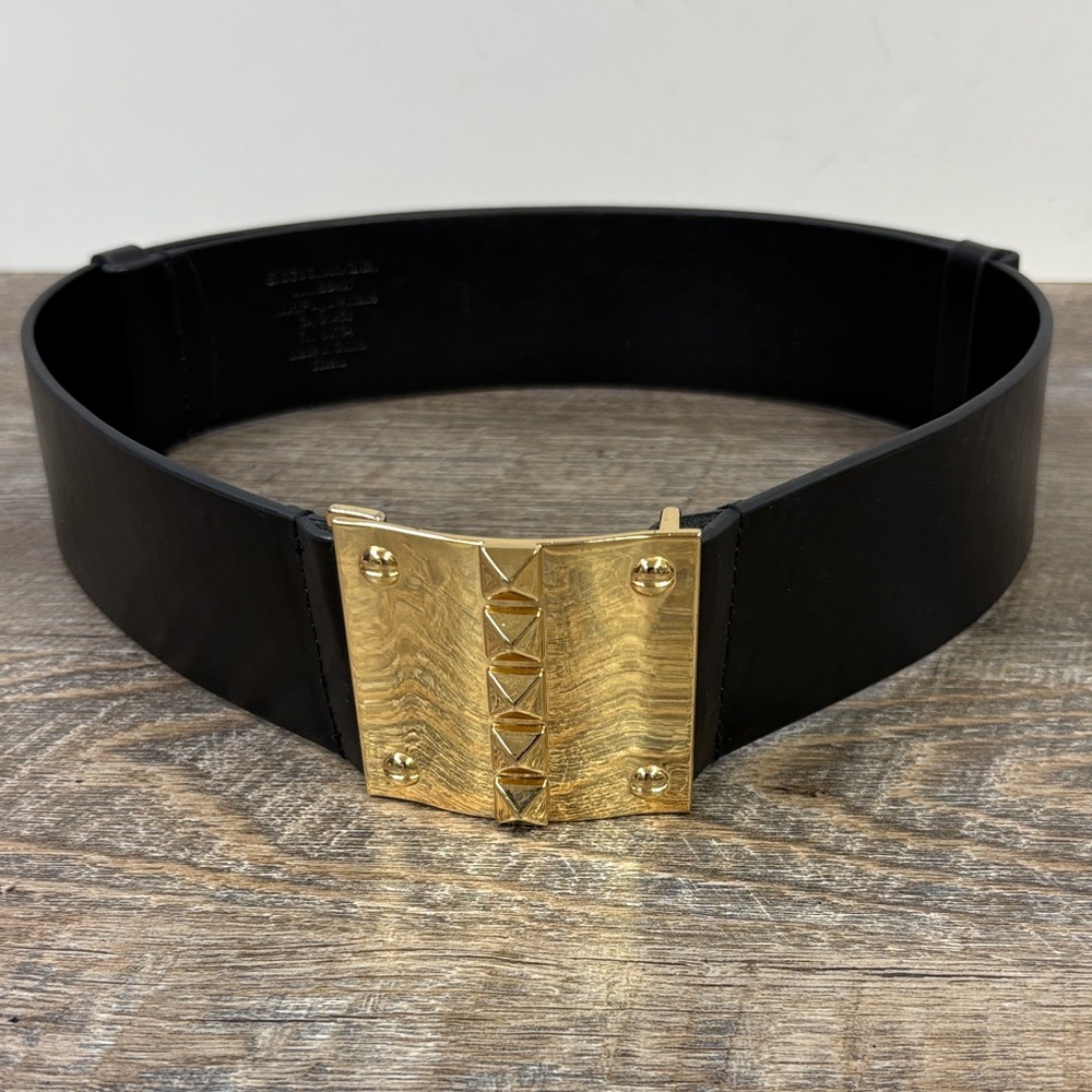BCBGMAXAZRIA Black Wide Belt with Gold Pyramid Stud Buckle Size Large